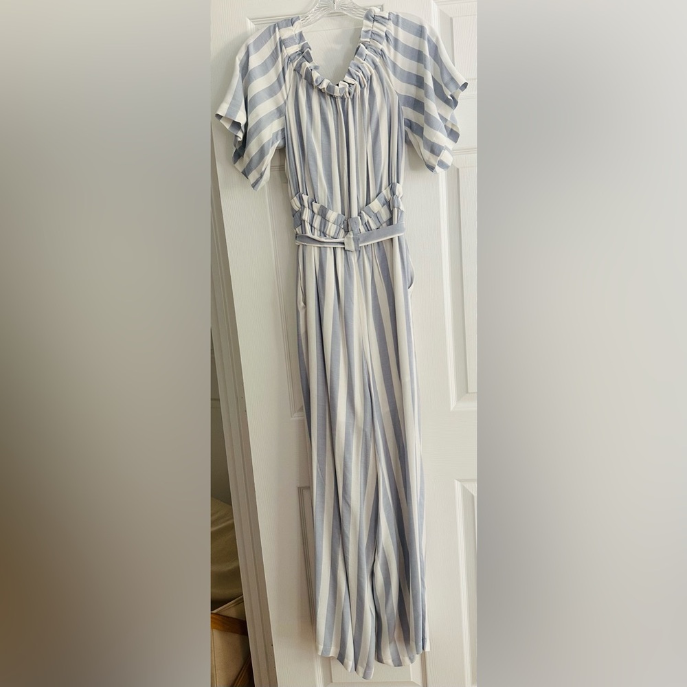 BCBGMaxAzria women’s striped off the shoulder jumpsuit